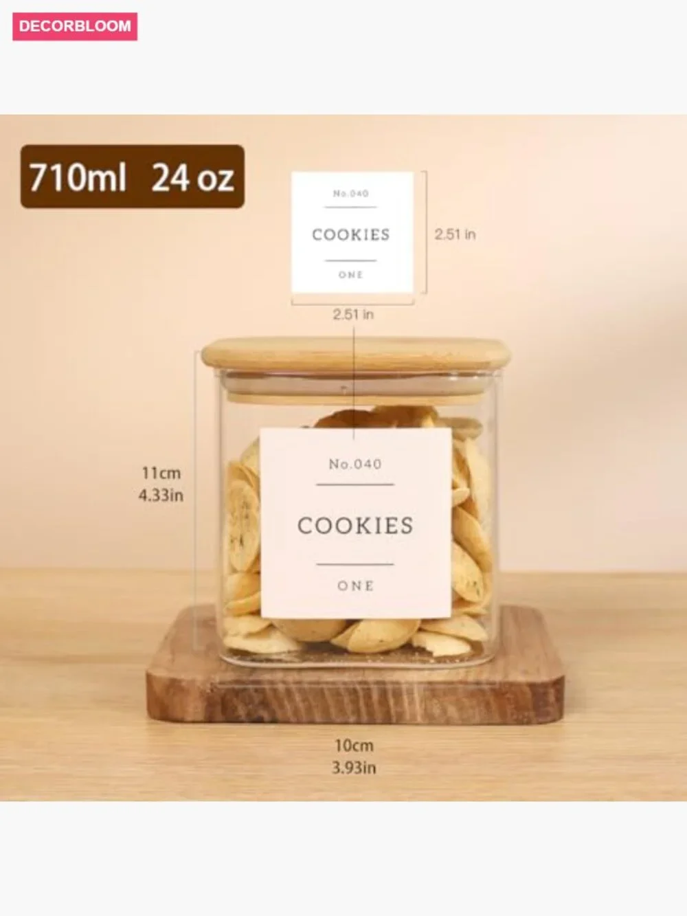 6-Pack Square Glass Pantry Storage Jars with Bamboo Lids & Labels
